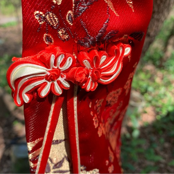 Vintage Cheongsam Qipao, maxi-dress, red, gold, black embroidery - Picture 3 of 9